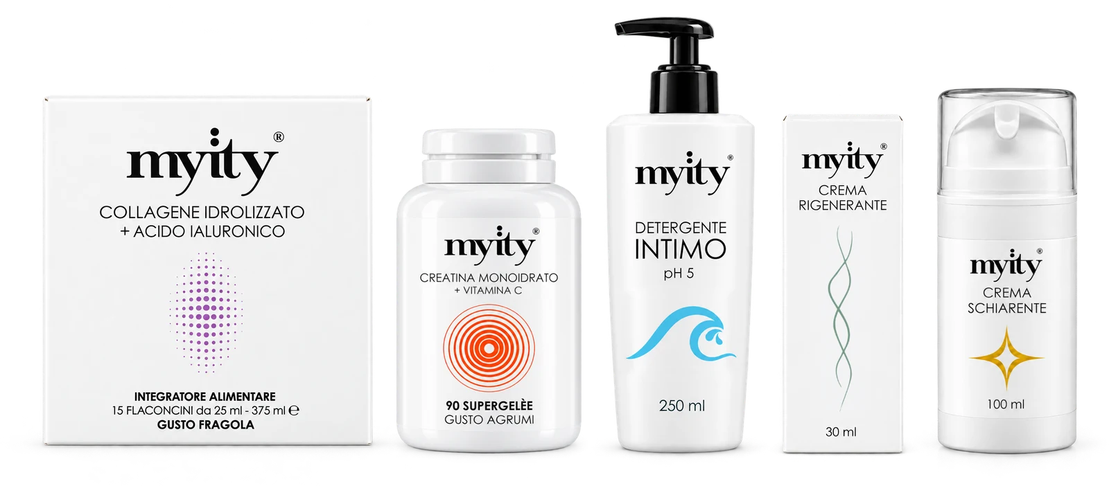 La gamma MYITY: collagene idrolizzato, creatina, detergente intimo, crema rigenerante e crema schiarente